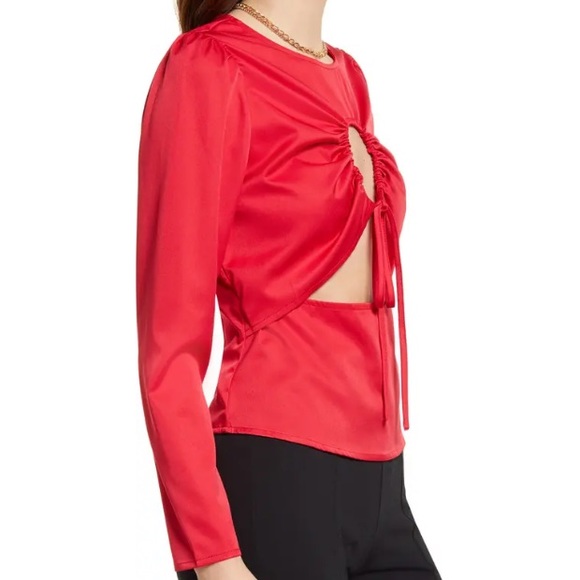 OPEN EDIT Cutout Detail Red Long-sleeve Blouse, Size XXS, NWT - Picture 3 of 12